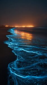 bioluminescent, beach, blue, nature, nigh, dark